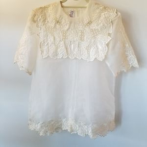 VINTAGE Cream Sheer Blouse Embroidered Collar